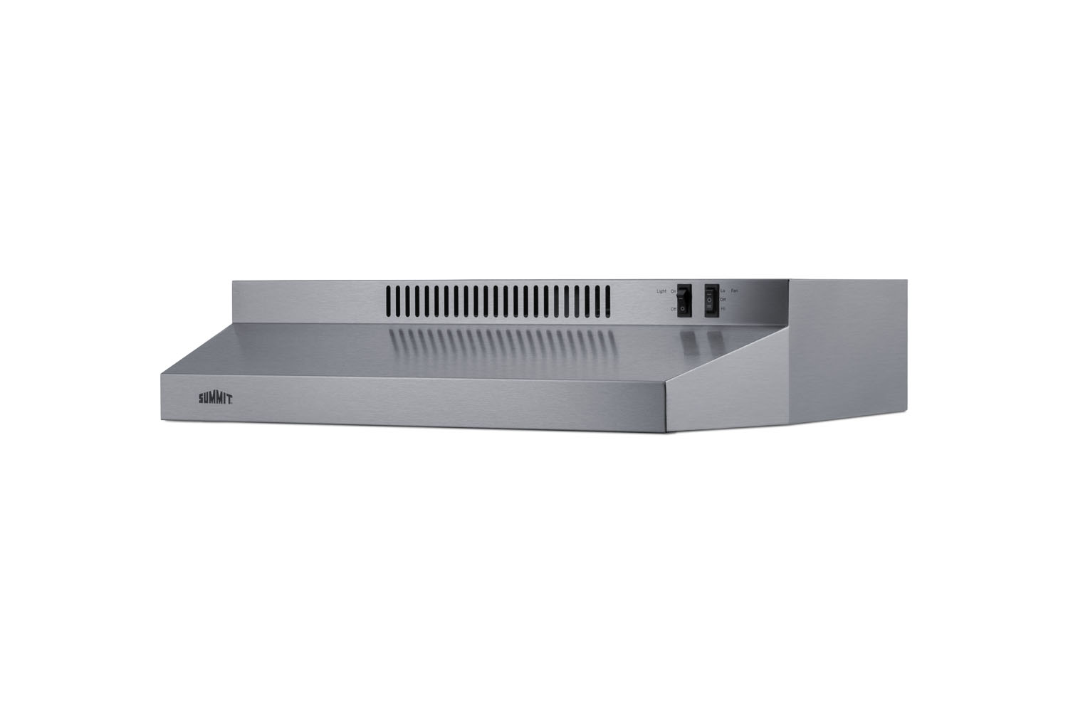 24 inch wide ADA compliant under cabinet convertible range hood for ducted or ductless use in stainless steel with remote wall switch